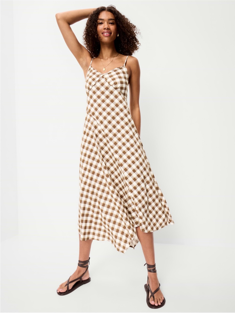 Old Navy Brown and White Gingham Slip Midi Dress with Spaghetti Straps
